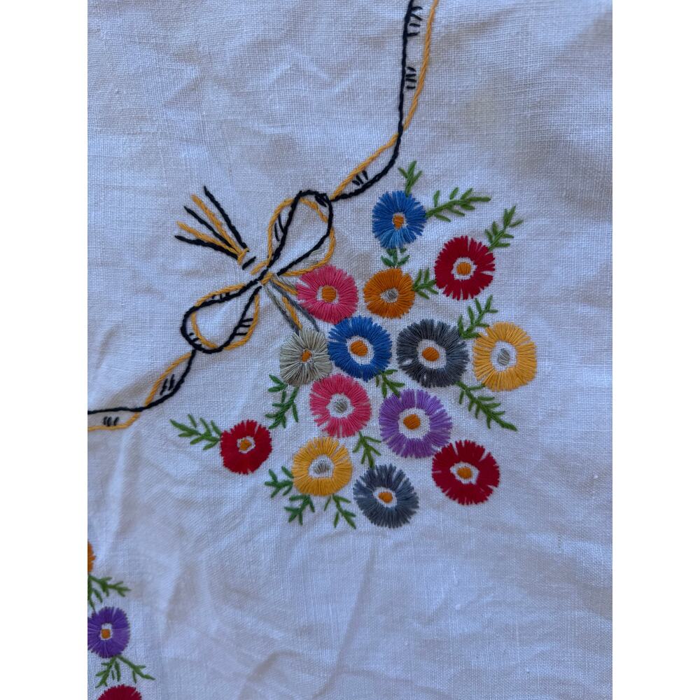 Vintage Hand Embroidered Linen Tablecloth 51"x55" Drawn Thread Lace Border - Picture 5 of 6
